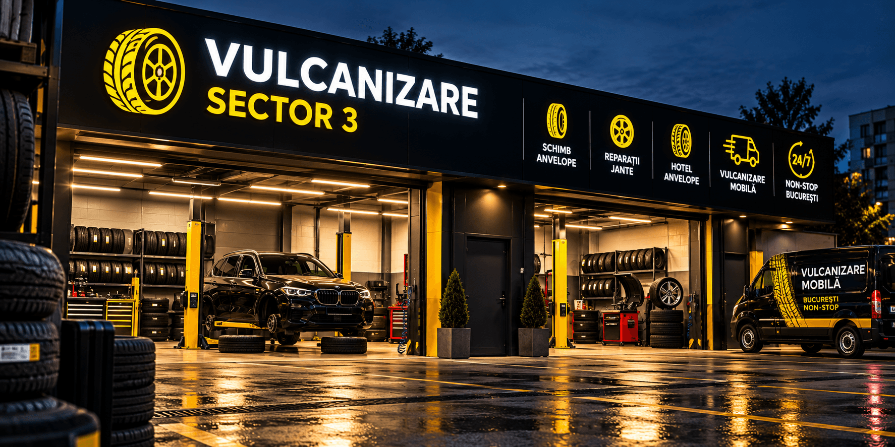 Atelierul Vulcanizare Sector 3 iluminat noaptea